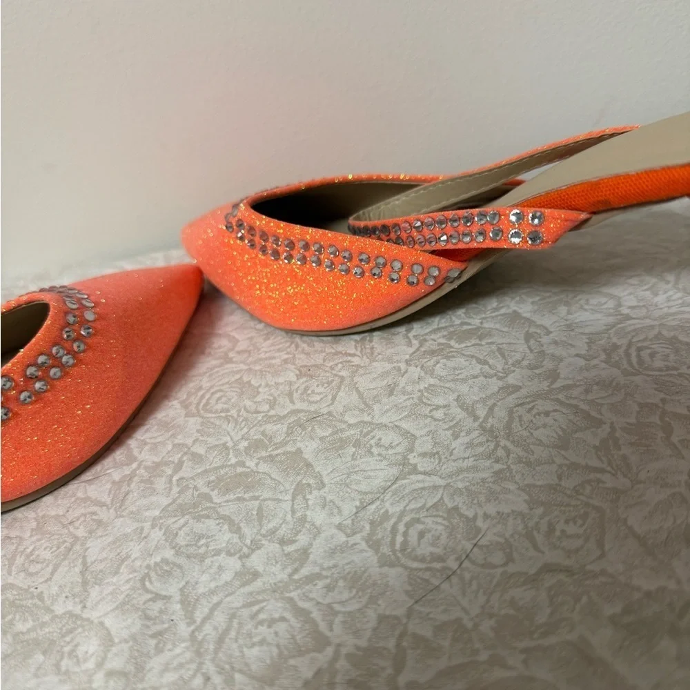 KNOCKOFF AMINA MUADDI Size 9.5 Orange Silver Glitter Mules Pumps Rhinestone Art